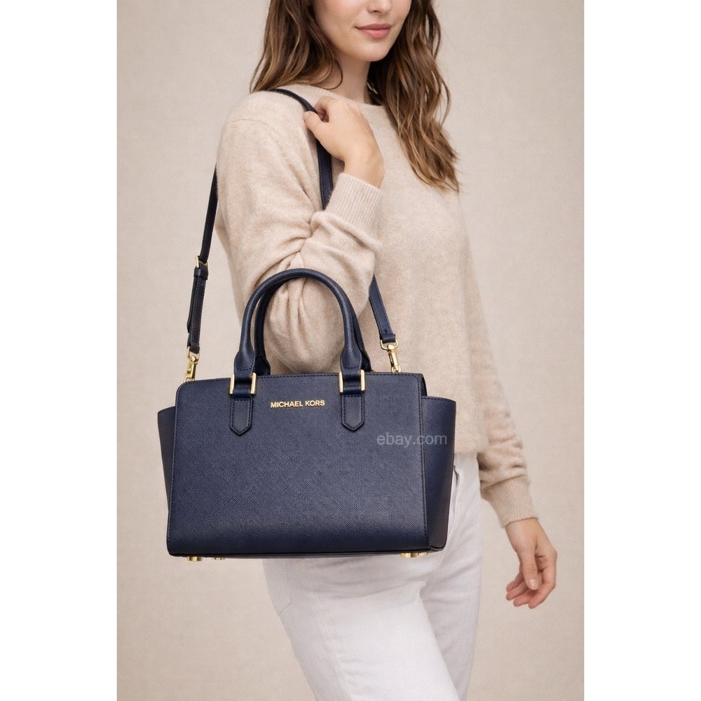 Michael Kors Navy Saffiano Leather Satchel Crossbody Gold Hardware